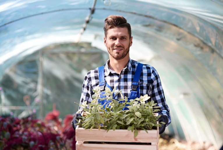 Man in plaid shirt smiling, holding a crate of plants in a greenhouse.