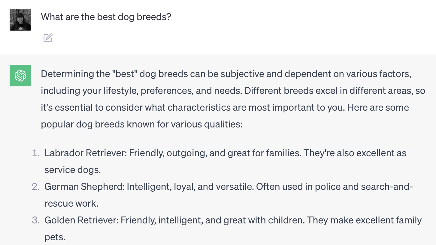 ChatGPT responde a la pregunta: "¿Cuáles son las mejores razas de perros?".