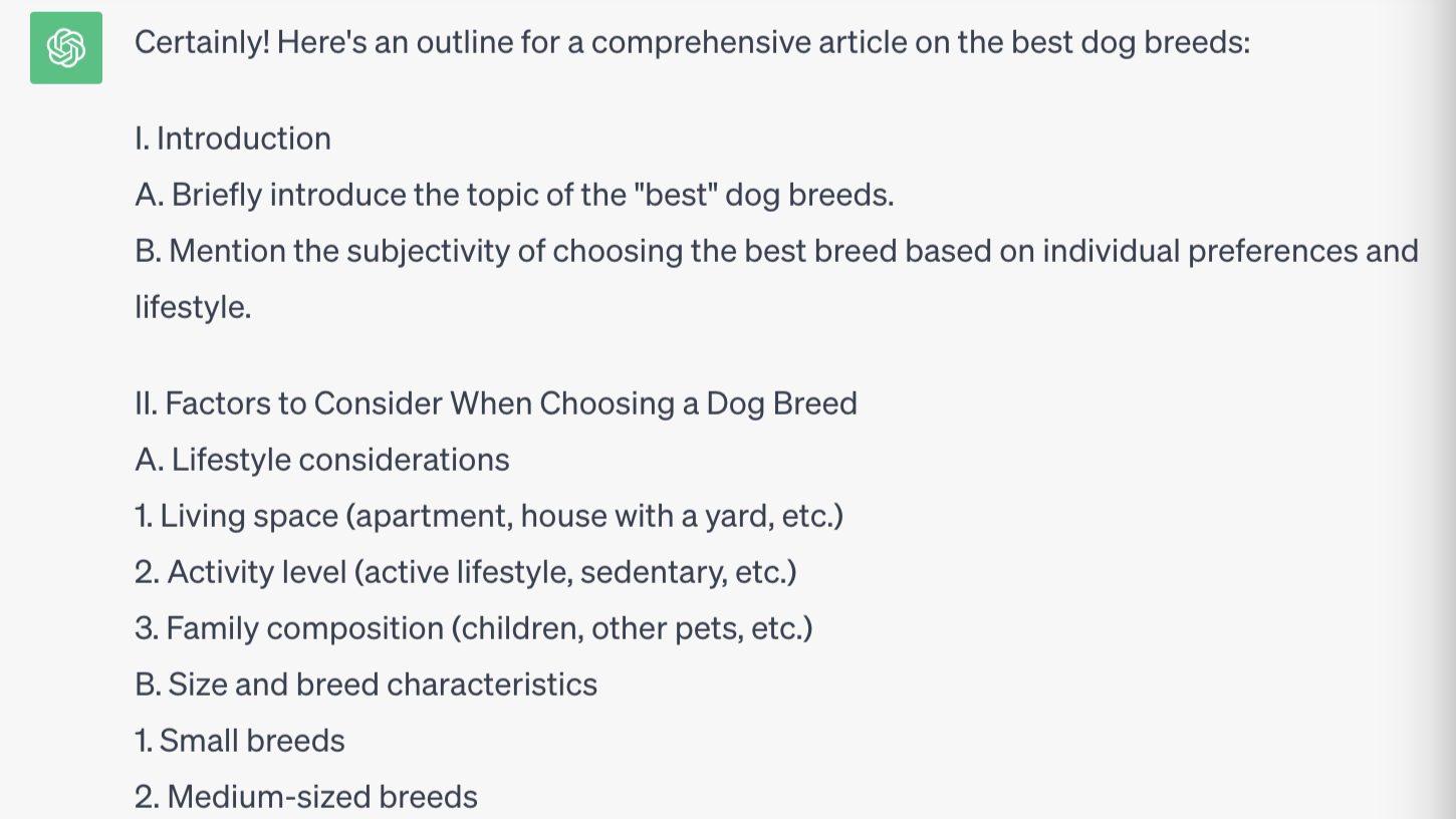 ChatGPT donne les grandes lignes d'un article détaillé sur les meilleures races de chiens.