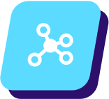 Icon of a blue digital or technological motif, featuring a central node connected to three surrounding nodes, on a lighter blue square background