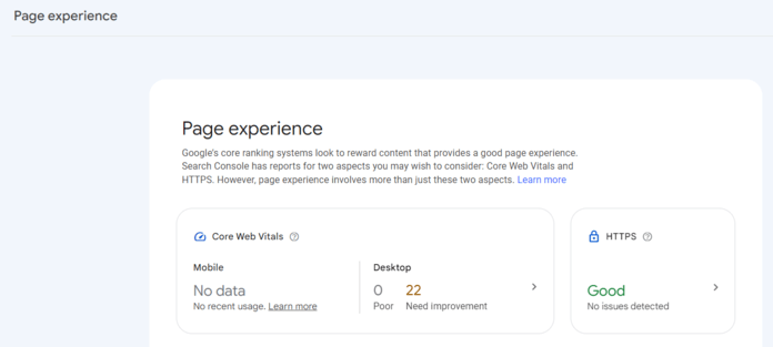 Consola de búsqueda de Google: Informe de experiencia de página
