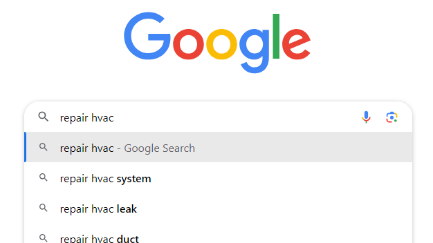 Las sugerencias de Google para "reparar hvac" incluyen búsquedas como "reparar sistema hvac"