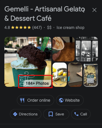 El perfil de Google Business de la heladería Gemelli tiene más de 184 fotos