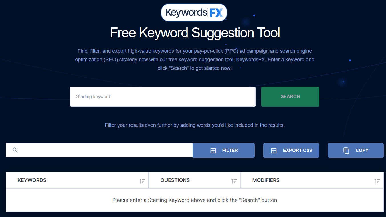 Herramienta gratuita de sugerencia de palabras clave KeywordsFX