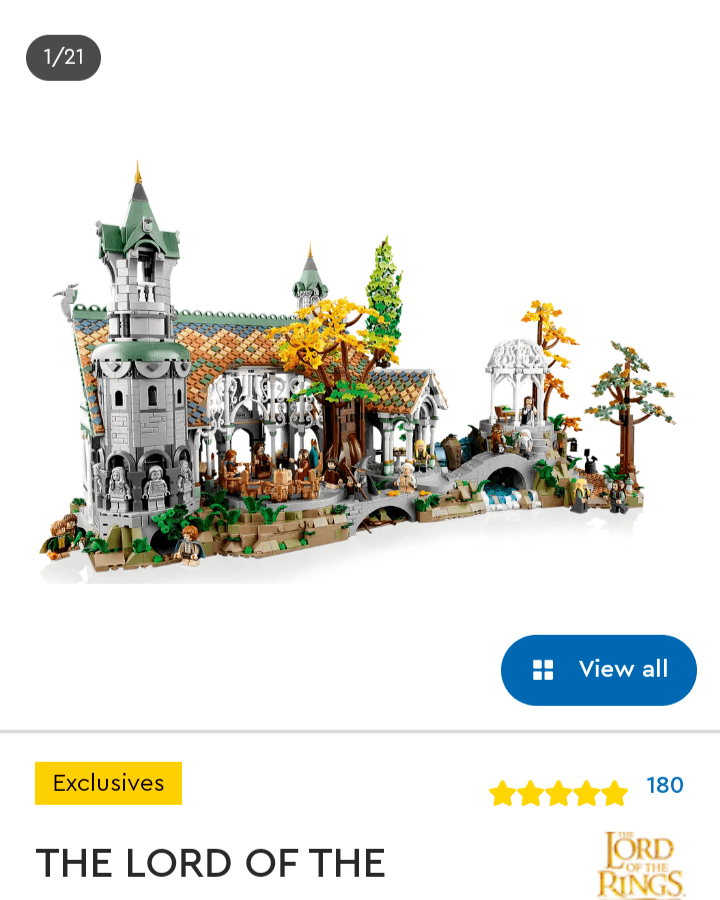 Lego Rivendell product page on mobile displays a product image above the product information