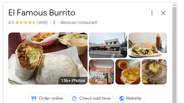 El Famous Burrito's Google Business Profile has 690 reviews and an average rating of 4.5 stars