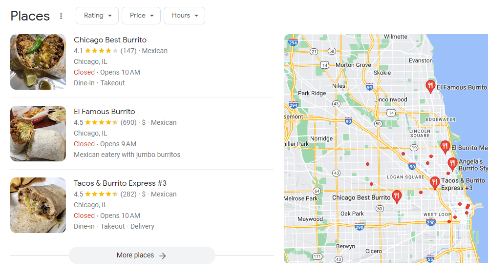 Los resultados de búsqueda locales para locales de burritos en Chicago ofrecen una lista de restaurantes junto a un mapa